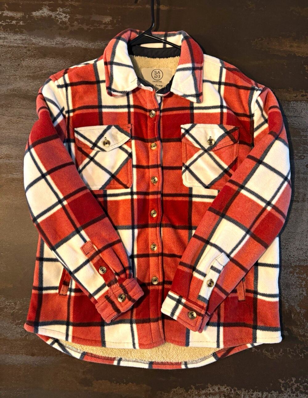 Womens Sherpa Lined Plaid Shirt Jacket Button Front Pockets Red White Black S